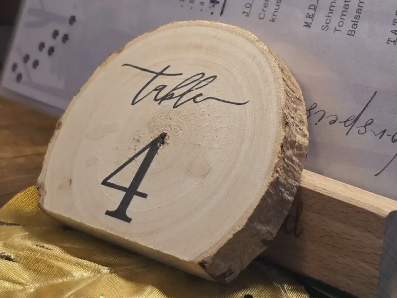 Tischnummer auf einer echten Baum-Holzscheibe