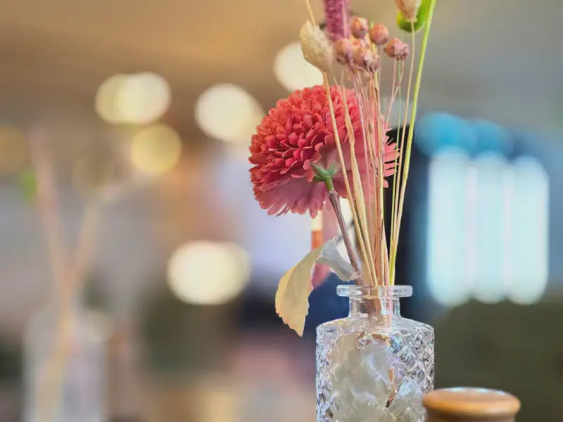 Red bloom in a small crystal vase