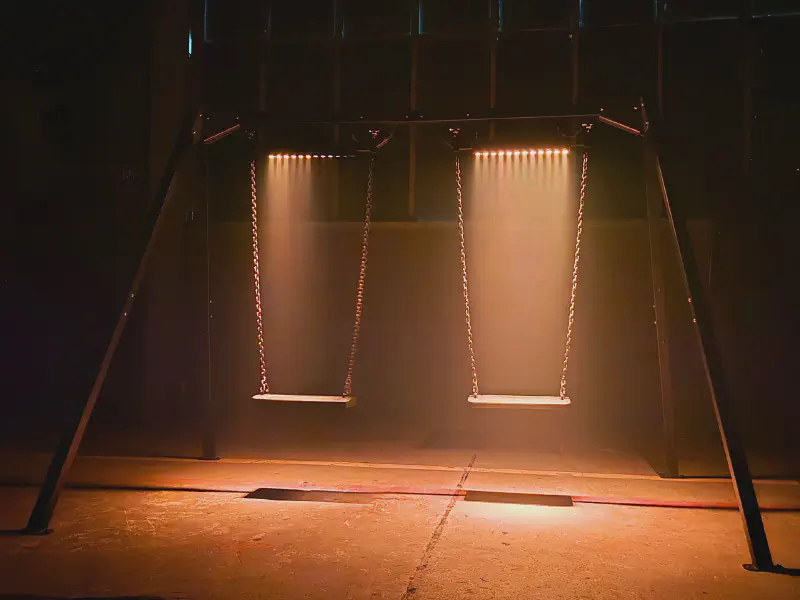 Lit-up swings in the dark forest hall