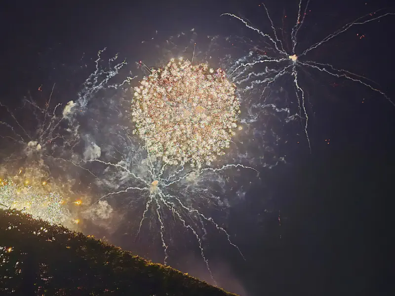 Huge white firework bloom with long glowing trails