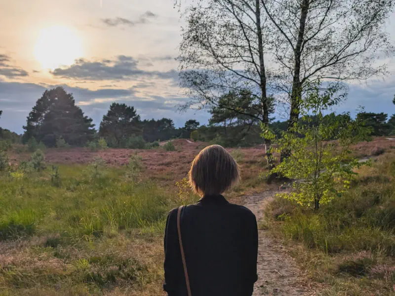 Gina blickt in der Abendsonne über die Heide