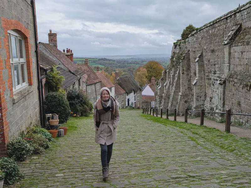 Gina walking up Gold Hill