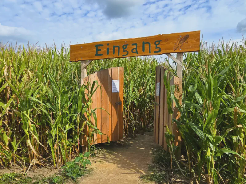 Holzeingang zum Maislabyrinth auf Hof Bartels
